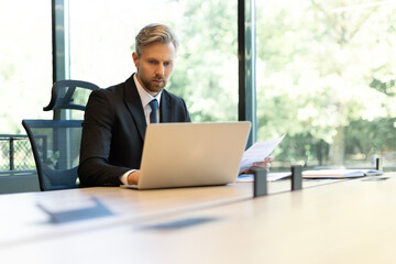 Mature businessman with beard working with documents, contracts and bills sitting at table using laptop at work in modern bright office with large windows