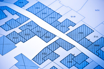 Imaginary cadastral map with buildings, land parcel and vacant p