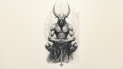 a demon holding a sword and some symbols, in the style of realistic graphite drawings, traditional poses, comic art, fawncore, ink wash, multiple flash, skeuomorphic