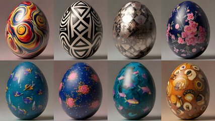 create an image of eggs each uniquely colored and patterned
