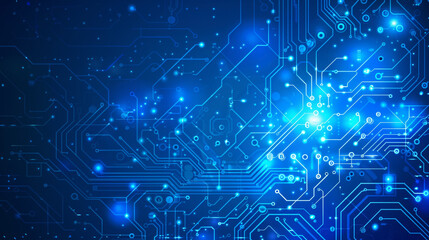 Fototapeta premium Abstract blue circuit board with glowing lights. ..