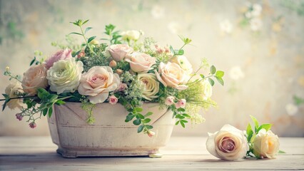 Soft focus image of delicate pastel-hued flowers and lush greenery in a vintage planter, set against a creamy white background with subtle texture.