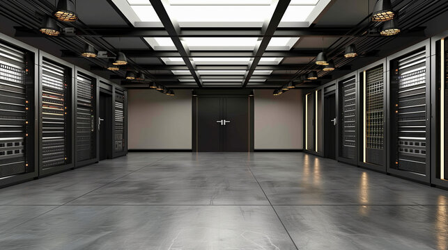 Modern server room with sleek black racks and concrete floor. ..