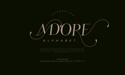 Adore swash luxury elegant alphabet letters and numbers. Vintage wedding typography classic serif font decorative vintage retro. creative vector illustration