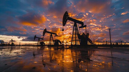 Pump jacks silhouetted against a vibrant sunset over an oil field in rural America