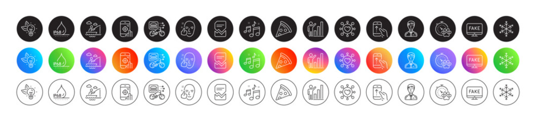 Seo phone, Graph chart and Dog competition line icons. Round icon gradient buttons. Pack of Dating, Swipe up, Fake news icon. Music, Waterproof, Eco energy pictogram. Vector