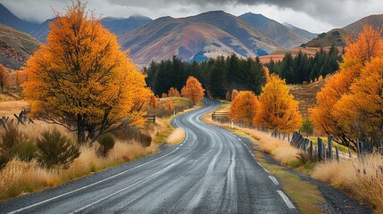 Country road winding through a picturesque autumn landscape