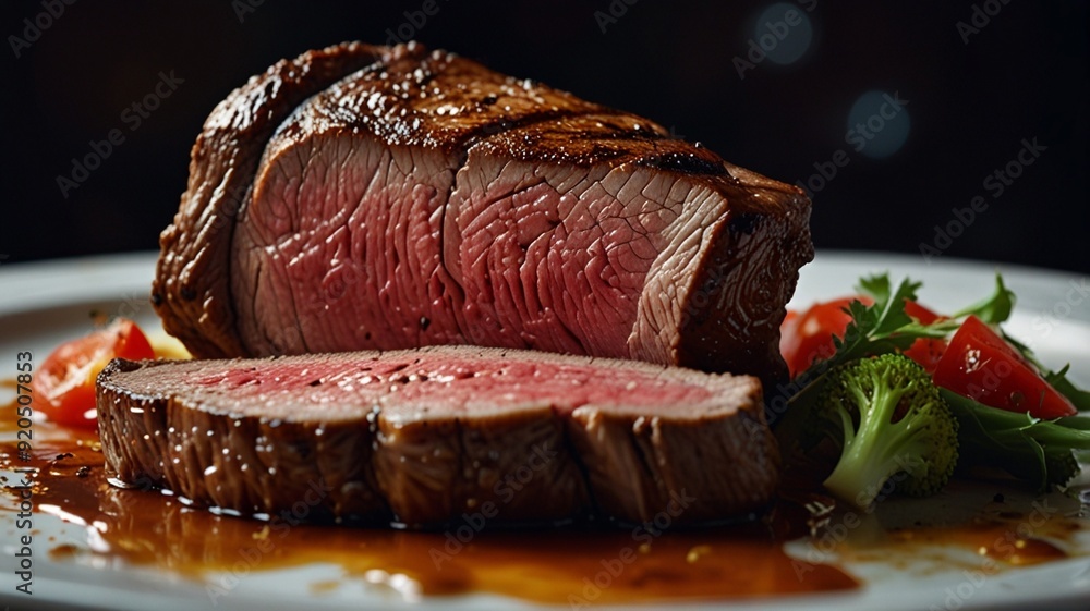 Wall mural roast beef with vegetables on a white plate on a dark background