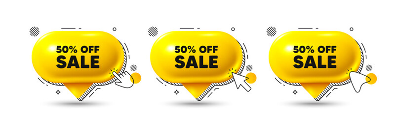 Chat speech bubble 3d icons. Sale 50 percent off discount. Promotion price offer sign. Retail badge symbol. Sale chat offer. Speech bubble banners. Text box balloon. Vector