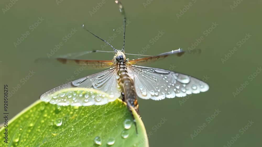 Poster close-up view of a dragonfly resting on a leaf covered in droplets in a natural setting