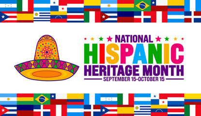National Hispanic Heritage Month festival world flag background or banner template. use to banner, card, poster, placard, design template with unique shapes.