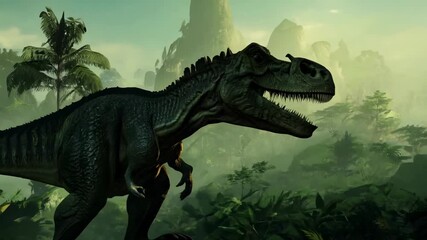 Dinosaur roams lush prehistoric jungle in a vibrant, detailed landscape scene