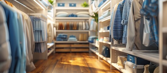Fototapeta premium Spacious Modern Walk-In Closet with Organized Shelves and Hanging Clothes in Bright Light