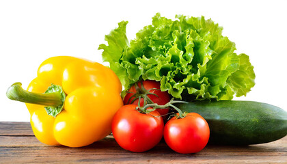  Fresh raw vegetables on wooden table with peppers, tomatoes, cucumber, onions, and garlic on isolated white background, copy space, still life photo