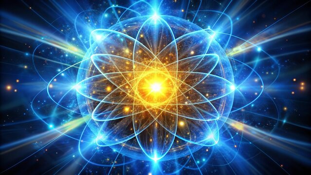 Vibrant blue and yellow particles swirl around a glowing nucleus, surrounded by a halo of light, conveying dynamic energy and intense atomic activity.