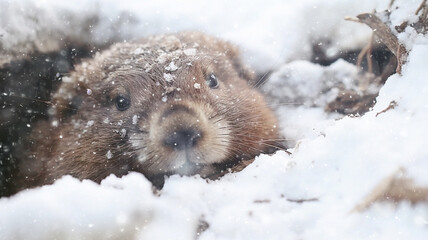 Obraz premium cute fluffy groundhog wakes up in his burrow day, the onset of spring, the change of seasons, prediction in February