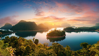 Tropical islands in the middle of the lake at sunset