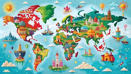 Vibrant, stylized world map featuring bright colors and whimsical illustrations of iconic landmarks, blending geographic accuracy with artistic flair and playful visual storytelling.