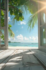 Tropical Beach View from Open Window with Sunlight and Palm Trees on a Sunny Day