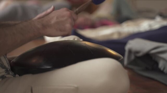 Close Up Of Man Playing Drum Indoor , Relaxing Sound Healing Ritual