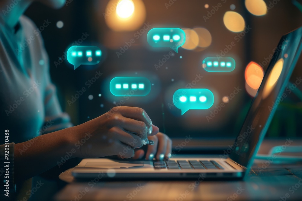 Poster customer service team member responding to a live chat inquiry with bokeh effect, an informative gra