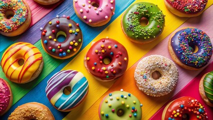 Vibrant donuts in assorted flavors and toppings sit atop a bright, multi-colored background, creating a playful and mouthwatering visual treat with a pop of fun.