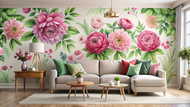 Vibrant floral wall decals in shades of pink and green add a touch of elegance and sophistication to a modern minimalist living room interior.