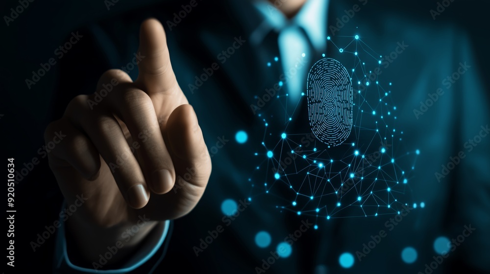 Poster businessman interacts with a digital fingerprint display in an office setting during the evening