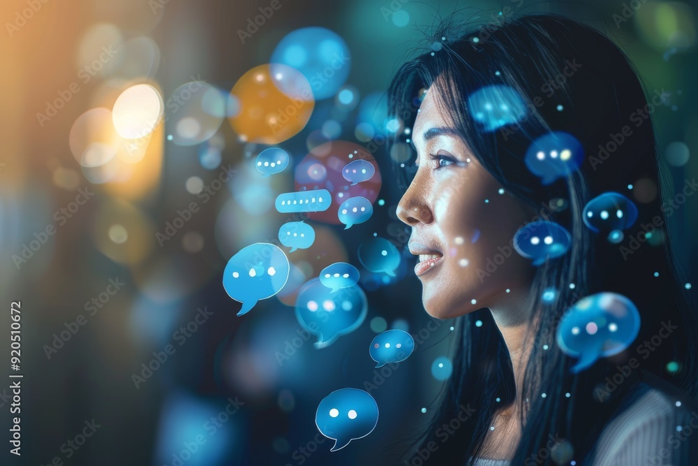 Poster customer service team member responding to a live chat inquiry with bokeh effect, an informative gra