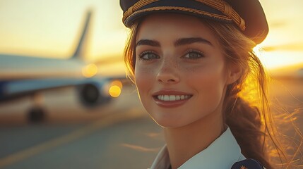 Smiling female pilot in uniform with airplane in background.