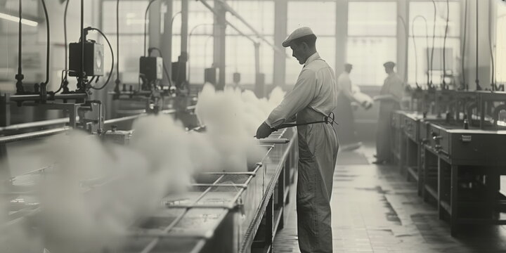 vintage factory with steam pressured hoses and machines. blurred motion.
