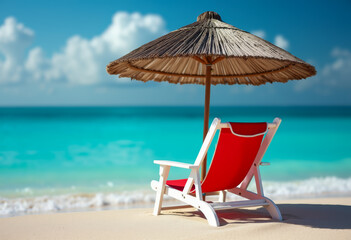A beach chair under a thatched umbrella on a sandy beach with a blue ocean in the background.