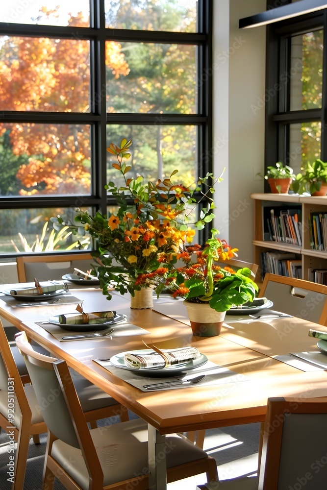 Poster Table Setting with Flowers and Autumn View.