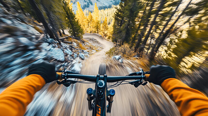 A mountain biker’s helmet cam view showing a steep, winding descent with the rider’s full body visible through the lens of the camera, surrounded by a blur of trees and rocks.



