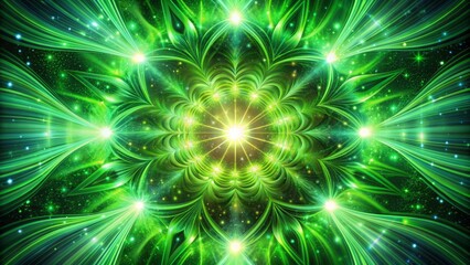 Naklejka premium Vibrant green starburst radiates from the center, surrounded by swirling circular motions, evoking a sense of energy, movement, and cosmic wonder in a stunning abstract design.