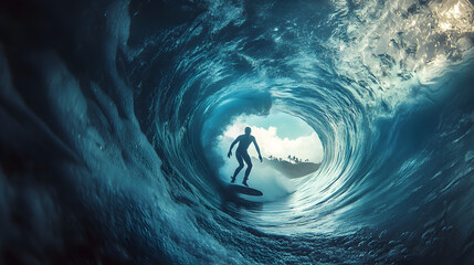 A surfer caught in a wave tunnel from within the tube, with a view of the surfer’s profile and the translucent walls of the wave creating a striking visual effect.


