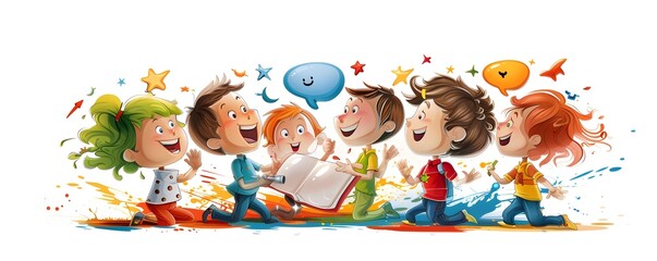 Fototapeta premium Happy Children with Book and Speech Bubbles.