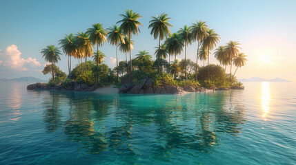 Pristine Tropical Island Idyll: High-Resolution, Hyper-Realistic Palm Trees on Crystal Waters, Soft Sunlight, and Natural Clarity Reflected in a White Canvas of Peace.

