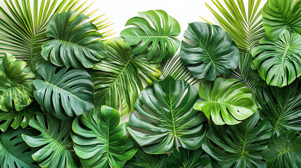  A white background with large green tropical leaves