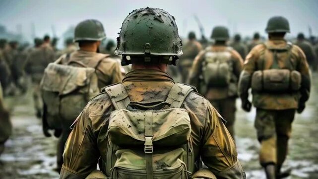 Soldiers in Muddy Terrain with Worn Uniforms and Heavy Packs