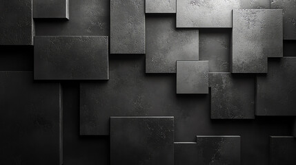  A wall made of various sized, gray, square blocks. 