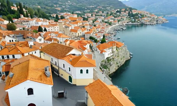 Aerial city buildings orange roof Kastoria Greece, Lake Orestiada region of Macedonia