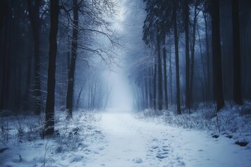 Obraz premium Mystical Winter Woods: An Enchanted Forest Scene Evoking the Wonder and Solitude of Nature's Seasonal Slumber.