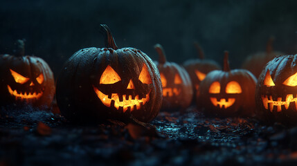 Halloween pumpkins glowing dimly in dark forest. Halloween concept. Generative AI
