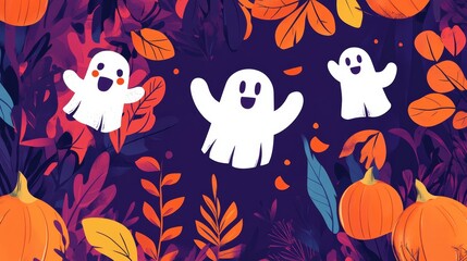 Happy Halloween. Vector cute modern illustration of ghost, logo, pumpkin, abstract shapes, for banner, poster, flyer, background or pattern 