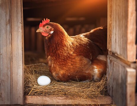A hen is sitting in the barn on a small farm and is laying an egg
