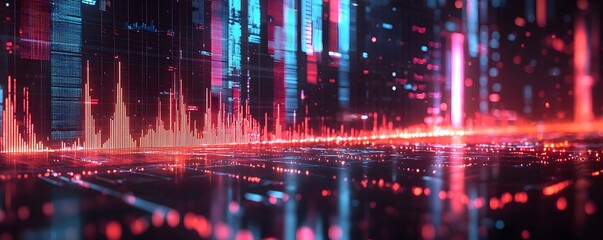 Abstract city skyline with glowing red and blue lights.