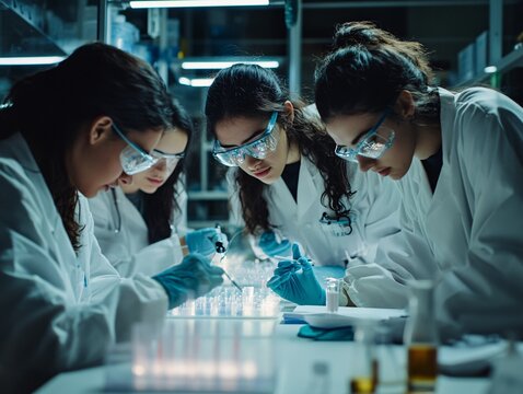 Grupo de profesionales cient&iacute;ficos j&oacute;venes realizando un experimento cient&iacute;fico, con maquinaria y aparatos de ultima tecnolog&iacute;a en el laboratorio