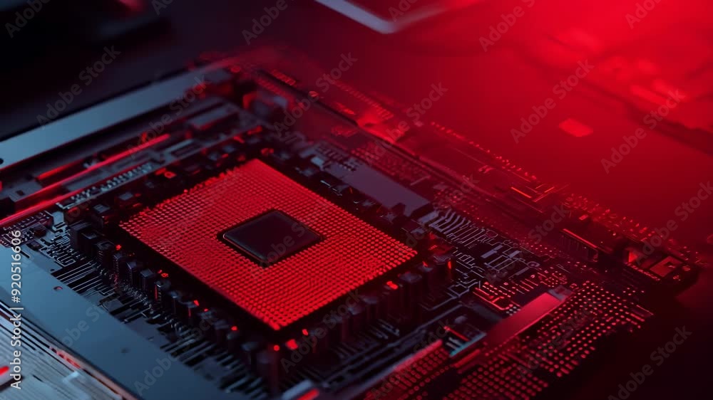 Poster close-up view of a computer processor on a circuit board under blue lighting