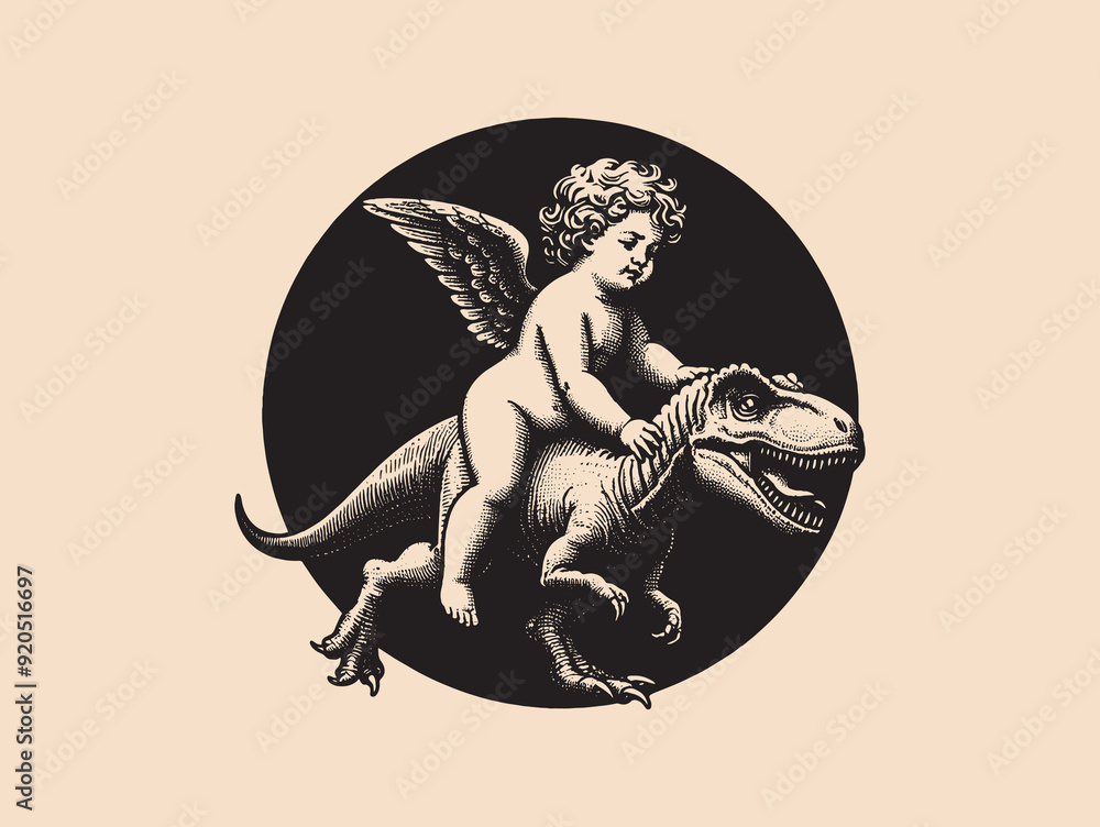 Wall mural Cute little baby angel cupid riding a dinosaur. Vintage black and white engraving vector illustration. Abstract artwork, print, tattoo